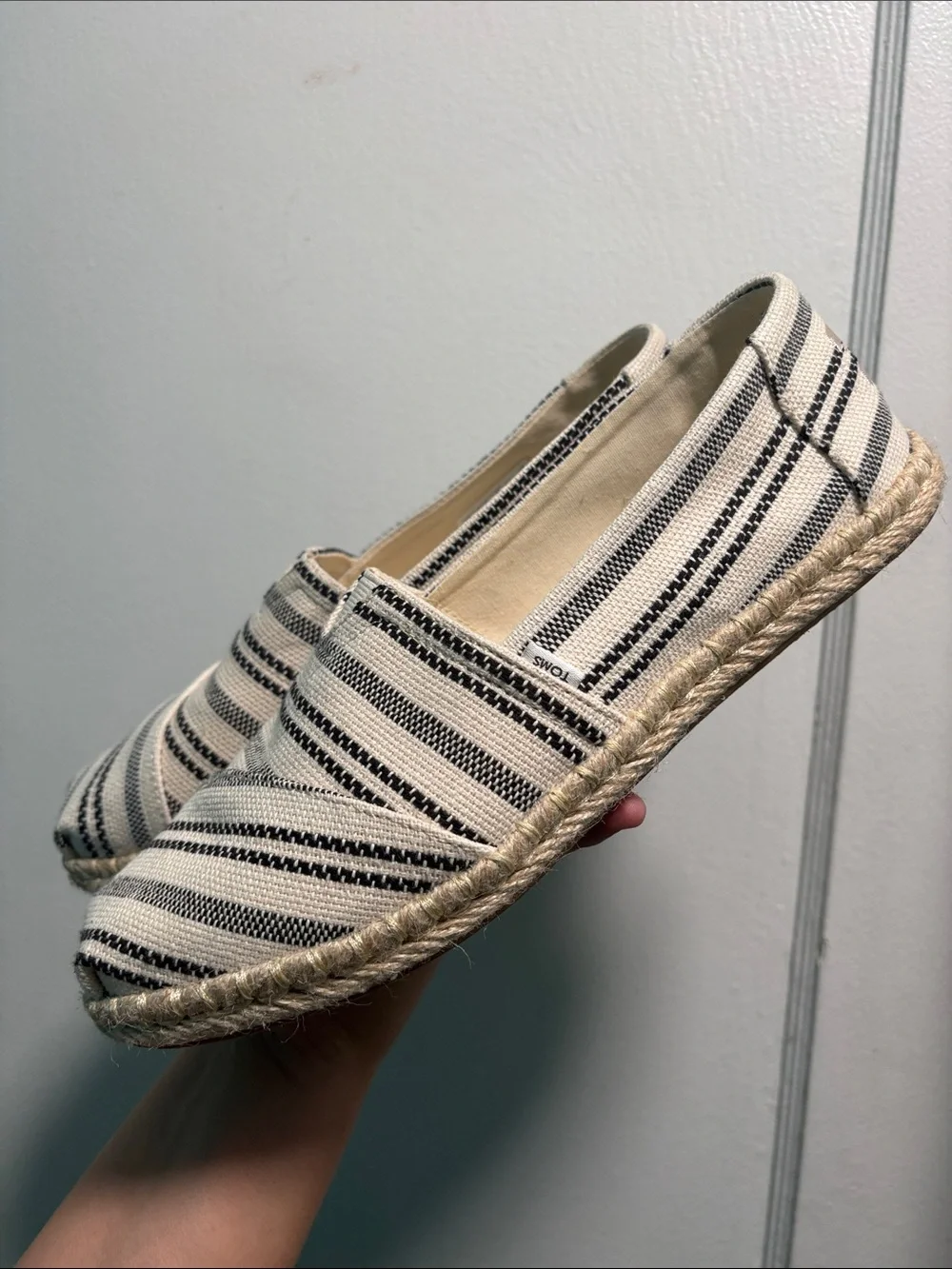 Toms Women’s Cream and Black Striped Canvas Espadrilles